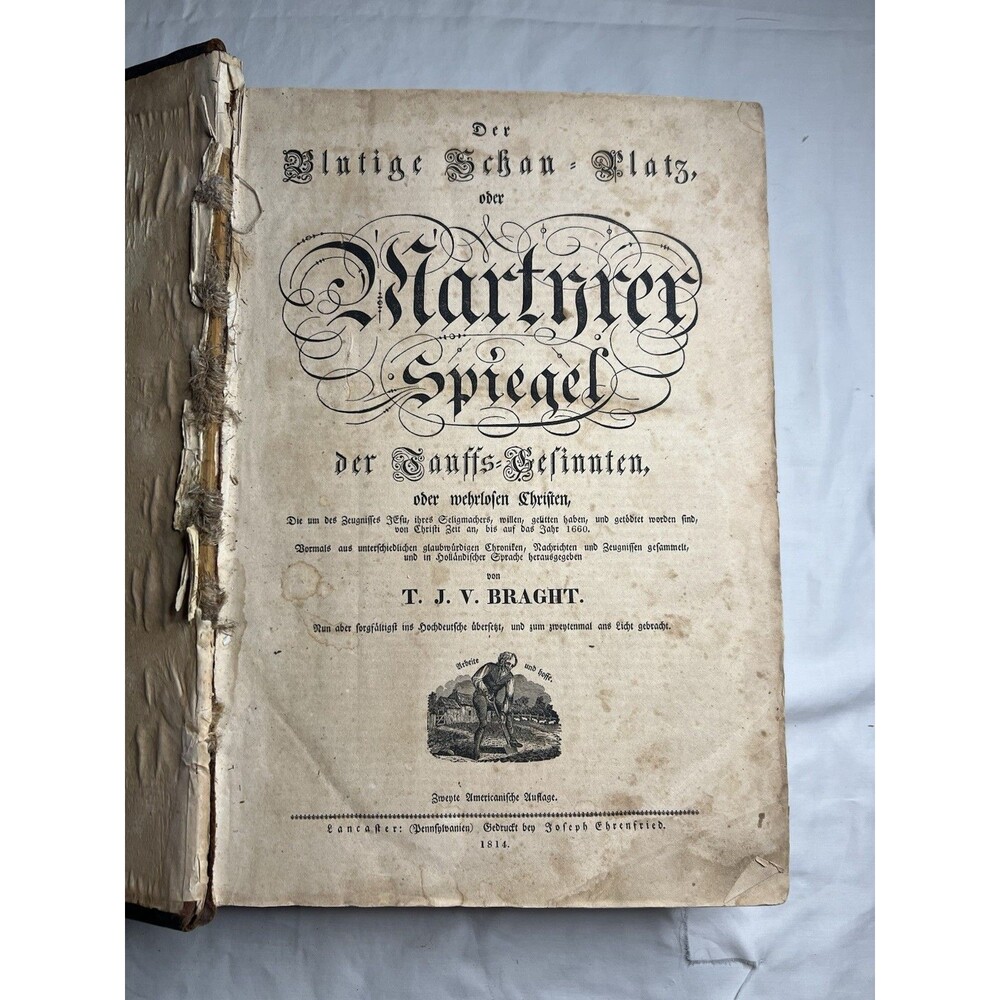 1814 Martyrs Mirror Martyrer Spiegel Lancaster PA Mennonite German Antique Book